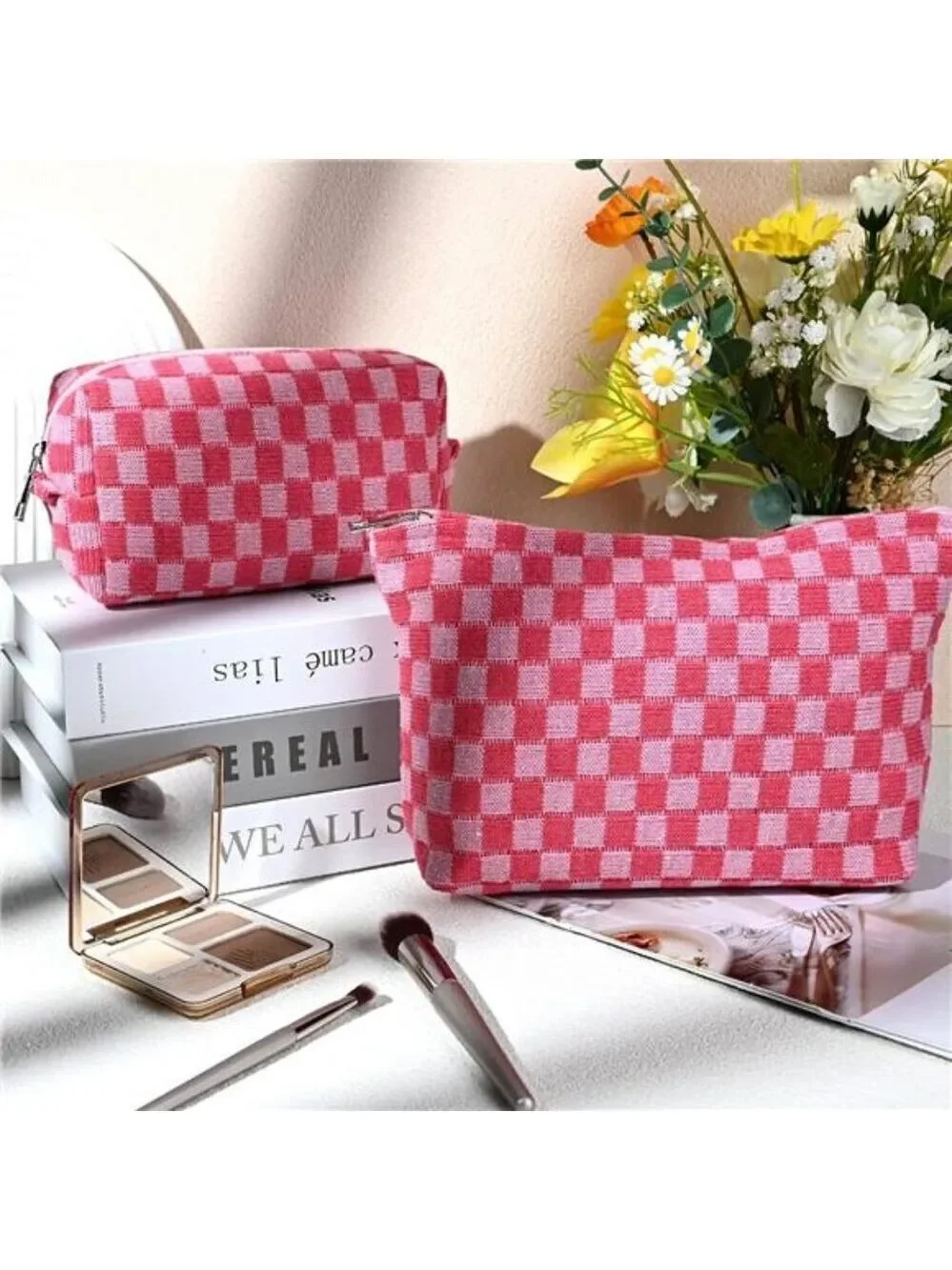2 Pieces Makeup Bag Large Checkered Cosmetic Bags Travel Toiletry Organizer Set